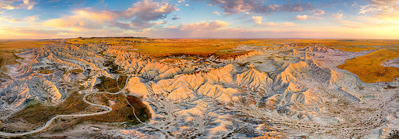 Scenic landscape aerial drone photograph of the badlands Toadstool Geologic Park in western Nebraska.